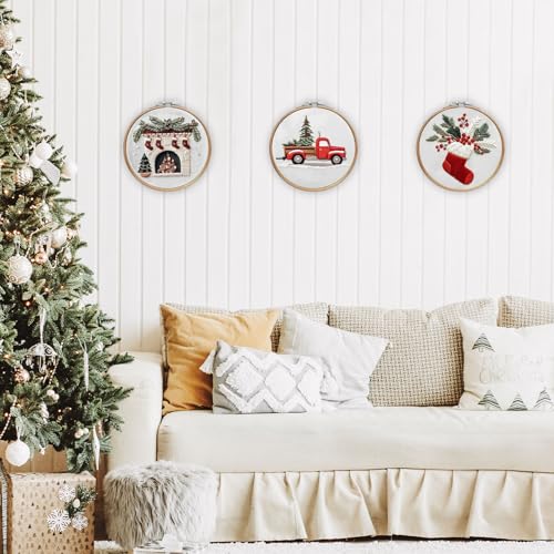 EOBTAIN 3 Pcs Christmas Embroidery Kit for Beginners,Red Christmas Embroidery Kits for Adults,Cross Stitch Kits for Beginners with Pattern, Needles, Threads, Tools,Hand DIY Craft Kits for Adults - color: Red