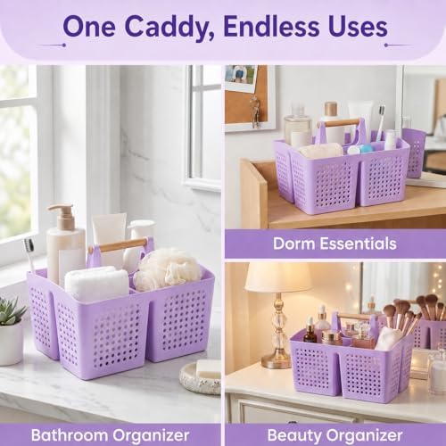 Portable Shower Caddy Basket with 3 Compartments and Handle, Purple - color: Purple