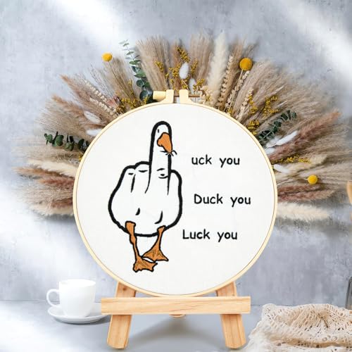 Middle Finger Duck Embroidery Kits for Beginners Adults, Funny Embroidery Starter Kits, Counted Cross Stitch Kits for Beginners DIY Craft Kits for Adult Women, Embroidery Hoop, Thread & Video Tutorial - color: H2041, size: 8Inch