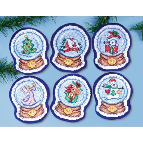 Design Works Crafts Snow Globes Cross Stitch Ornament Kit (Set of 6), 8 1/2" x 11", White,Gold