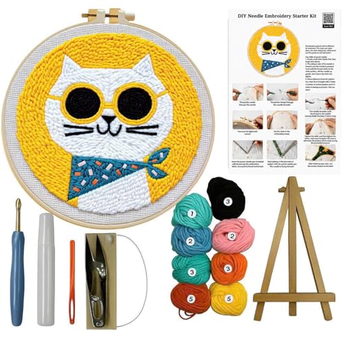 CELCRAFTIQUE Punch Needle Kits for Adults Beginner, Tool with Punch Needle Fabric, Hoops, Yarns and Sewing Needles (Lemon Cat) - color: Lemon Cat