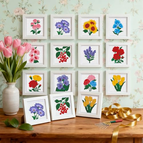 Zhenqing 12 Flowers Printed Cross Stitch Kit for Beginners - Complete Set with Pre-Printed 11CT Fabric, Threads & Needle (No Hoop Needed) (70297)