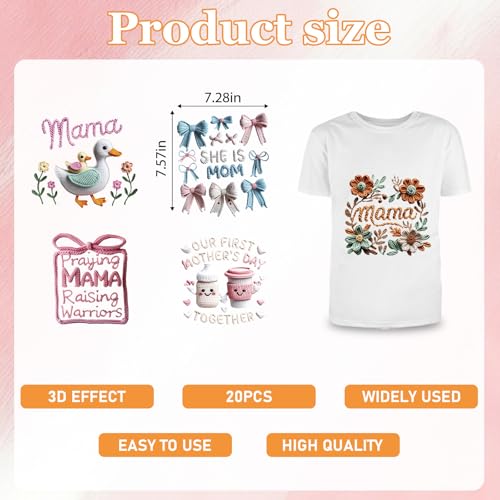 20Pcs Mothers Day Dtf Transfers Ready to Press Best Mom Ever Iron on Transfers for Tshirts Floral First Mother's Day Transfer Vinyl Stickers for Clothing Pillows Bag DIY Crafts - color: Mothers Day