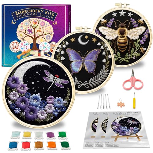 Huacan Embroidery Kit for Adults Beginners with 3 Hoops & Gift Box - color: Insects