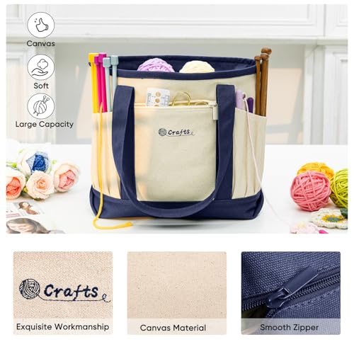 MYBAGZING Canvas Yarn Storage Organizer Bag Washable Crochet Bag with Pockets for Yarn, Hooks, Needles – Travel Knitting Tote for Crafters – Gift for Crocheters & Knitters (Medium/Large) - color: Nature-Navy, size: Medium-12.5“