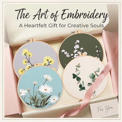 Harimau Adult Beginner Embroidery Starter Kit, Complete Set with 4 Patterns, 2 Hoops, Needles, Scissors, Instruction Guide & Stitching Video Tutorials - color: Floral8 pattern