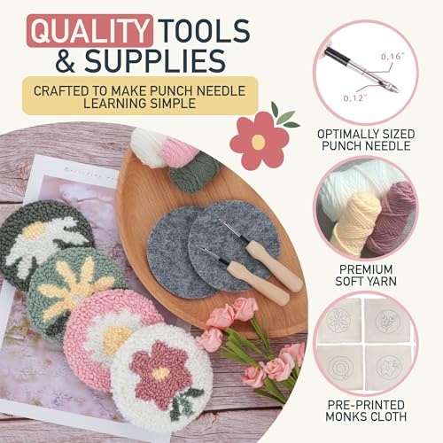 Emri Lane Punch Needle Kit – 6 Floral Design Punch Needle Embroidery Kit - color: Pink