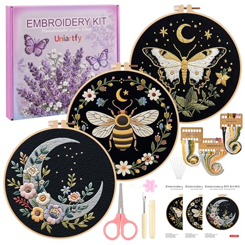 Uniartfy 3 Sets Butterfly Bee Moon Embroidery Kits for Beginners, DIY Cross Stitch Starter Craft Kit for Adults, Needlepoint Kits Including Cloth with Flower Plant Pattern, Hoop, Tools, Instructions - color: Embroidery Kit-O