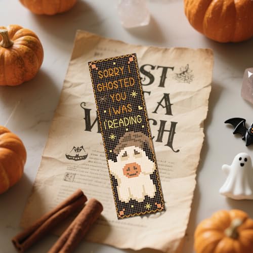 FREEBLOSS 6pcs Cross Stitch Bookmark Kit for Adult Beginners Ghost Pattern Stamped Embroidery Bookmark Kits Bookmarks Craft Kit with Instructions 11CT 8''x2.4'' - style: Ghost Text