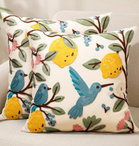Embroidered Throw Pillow Covers 18x18 Inch, 2Pack, Bird Lemon - color: Bird Lemon, size: 18" x 18" (Pack of 2)