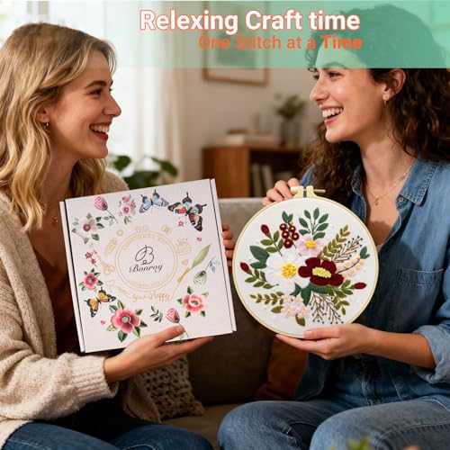 Bonroy 4 Sets Embroidery Set for Beginners Art Crafts Easy Sewing Includes Embroidery Clothes with Pattern, Hoop, Instruction Manual, Color Stitch Set (Assorted 1) - color: luxuriant flowers