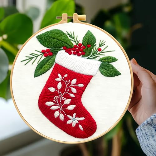 Zhenqing Christmas Stocking Embroidery Kit for Beginners, Red Stocking Needlework Kit with Pre-Printed Fabric, Hoop, Threads & Tools (C0035) - style: Classic Christmas Stocking