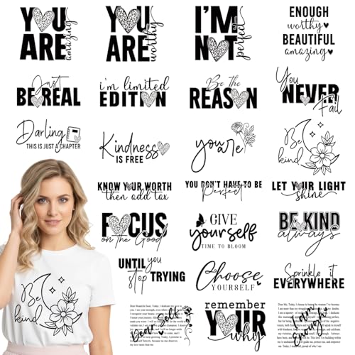 Dazoratix Motivational Iron on Transfers - 24 Sheets Positive DTF Ready to Press Heat Patches Inspirational Encouraging Stickers Vinyl Designs Decals for T Shirts Clothes Hoodies Pillow Bag DIY Crafts - style: Motivational