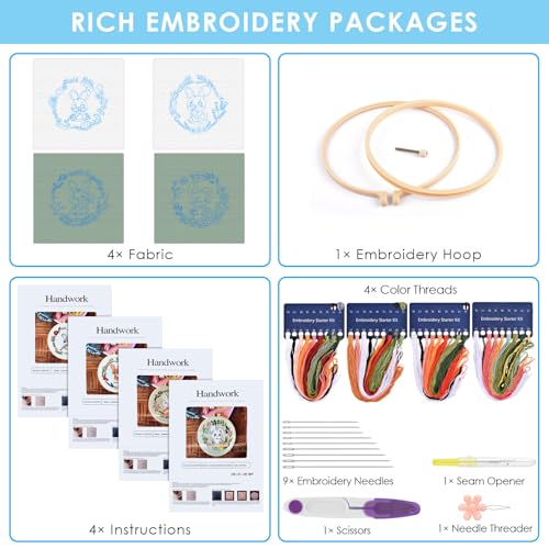 ERKOON 4 Sets Embroidery Kit, Animal Cross Stitch Set for Include Embroidery Cloth Hoops Threads for Craft Lover Hand Stitch (Rabbit) - color: Rabbit
