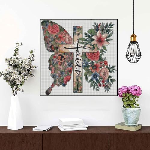Butterfly Flower Stamped Cross Stitch Kits Cross Stitch Patterns,Religious Cross Dimensions Cross Stitch Kits Embroidery Kit Arts and Crafts for Beginners 13.7x13.7 inch - color: D034