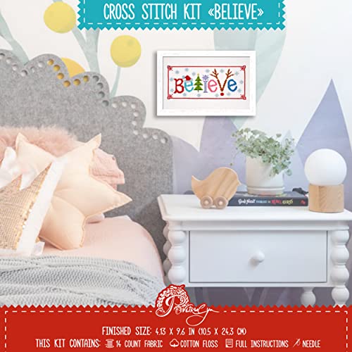 Povitrulya Counted Cross Stitch Kit 'Believe' - Embroidery Set for the Holidays, Encouragement, or Inspiring Everyday Possibilities with a Christmas Tree, Snowflake, Deer and Santa Hat