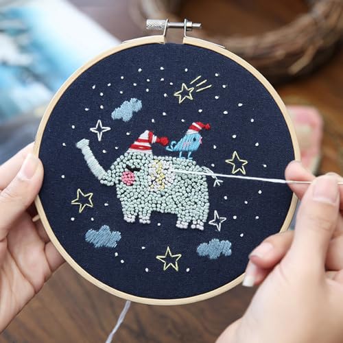 WHEWGLC Embroidery Kit for Beginners, 2 Set Embroidery Starter Kit Cute Animal Patterns, Instruction & Video with Wooden Hoops Needles Threads DIY Hand Sewing Gift for Adults and Teens - size: 6.3 In 2PCS