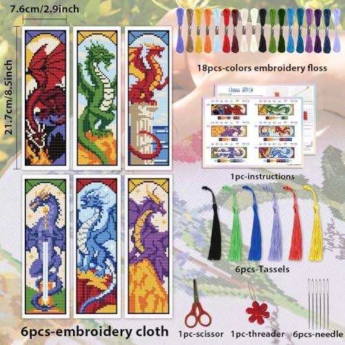 ACRNIGHEET 6PCS Cross Stitch Bookmark Kit for Beginner Dragon Stamped Cross Stitch Kits Needlepoint Kit for Adults DIY Tassel Embroidery Bookmark Kits with Instructions Craft Gift 8.5''x3'' 11CT - style: Dragon Patterns
