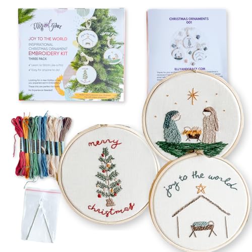Elly & Grace Christian Embroidery Kit with Embroidery Hoop, Easy Embroidery Kit for Beginners and Adults, Full Embroidery Hoop Kit with Needles and Thread Included (Joy to The World) - style: Joy to The World