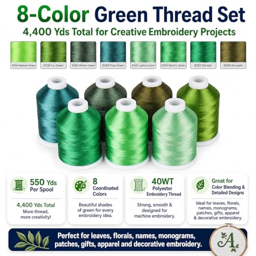 Simthread 8 Shades 550Yds Each 40WT Polyester Embroidery Thread Green Set - color: 550YGreenMadeira