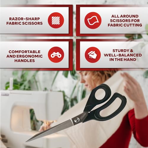 XFasten Sewing Scissors for Fabric Cutting Black 9.5 Inch Premium Professional Fabric Scissors Sewing | Large and Heavy duty - color: Black