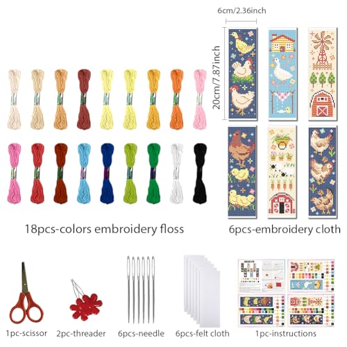 FREEBLOSS 6 Set Cross Stitch Bookmark Kit for Beginner Adults Farm Animal Stamped Embroidery Bookmark Kits Cross Stitch Kits with Instruction Bookmarks Making Kit for Book Lovers 8x2.4in/20x6cm - style: Goose&Barn&Blanket
