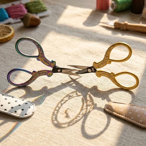 Premium Small Craft Scissors with Beautiful Butterfly Decos - Comfortable Handles and Sharp Tips for Crochet, Embroidery, and Sewing - Includes Protective Cover, Purple&gold, PJ1631-1 - color: Purple&gold