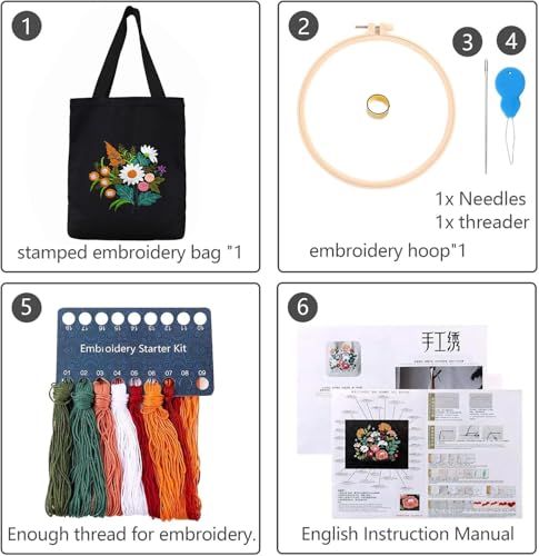 CREAWONDER Canvas Tote Bag Embroidery Kit with Pattern for Beginners, Arts and DIY Embroidery Crafts Kits for Adults, Include Instructions, Thimble, Embroidery Hoops, Color Threads and Tool - color: CR002 chenhuicaoxin black