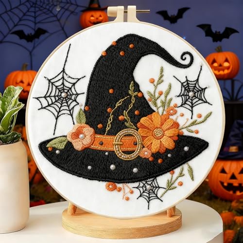 Zhenqing Halloween Witch Hat Embroidery Kit for Beginners, Black Witch Hat Needlework Kit with Pre-Printed Cotton Fabric, Hoop, Threads & Tools, Spooky Fall Decor (C0119) - style: Halloween Witch Hat