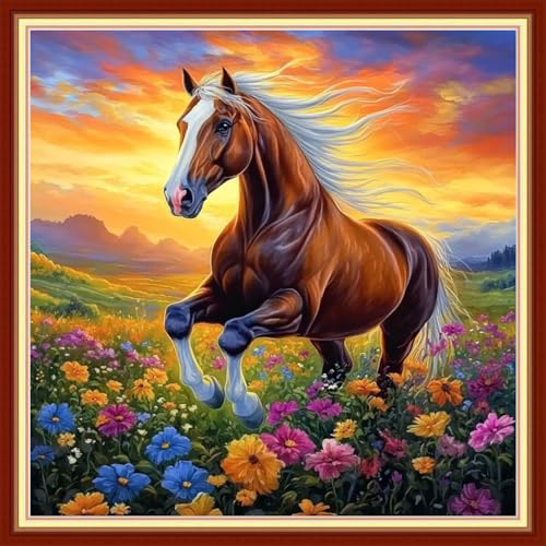 Redxing Stamped Cross Stitch Kits Embroidery kit for Beginners Adults Full Range of Embroidery Patterns Starter Kits DIY Printed Cross Stitch Kits Needlepoint Kits 11CT-Flowers and Horses 18x18 inchs - color: Artskits31