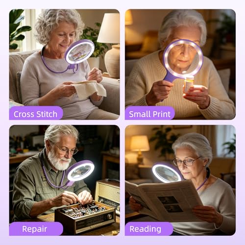 Dilzekui 5X&10X Neck Handheld 2-in-1 Magnifying Glass for Reading w/Light - color: Purple