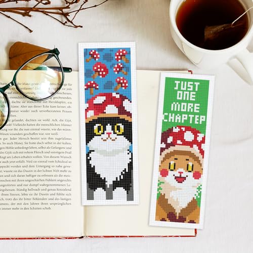 INFUNLY 6 Set Goose in Mushroom DIY Cross Stitch Bookmark Kits for Beginners Cat Dog Counted Cross Stitch Kit with Instruction Frog Cow Mushroom Embroidery Bookmark Kit for Book Lovers Readers Gifts - style: Animal Mushroom Heads