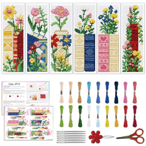 ACRNIGHEET 6PCS Stamped Cross Stitch Bookmark Kit for Beginners Flower 11CT - style: Book Flower Patterns