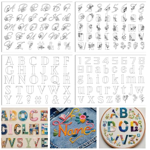 ORIGACH 4 Sheets 143 Pcs Water Soluble Embroidery Patterns Stabilizers - Pre-Printed Letter, Number & Floral Hand Sewing Stabilizers- Stick & Stitch Embroidery Patterns for Hand Sewing Beginner - color: Letter Number & Floral