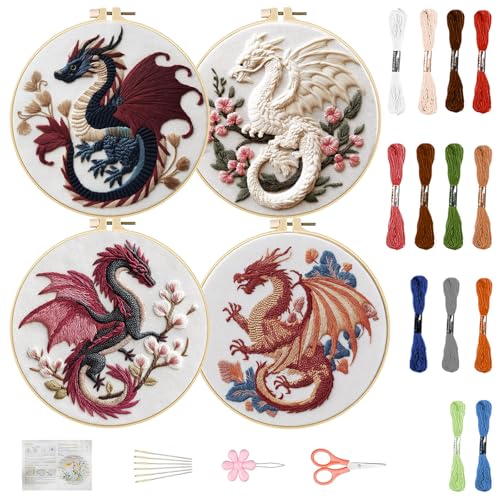 FREEBLOSS 4 Sets 11.6" Embroidery Kit for Beginners Dragon Stamped Patterns - style: Dragon