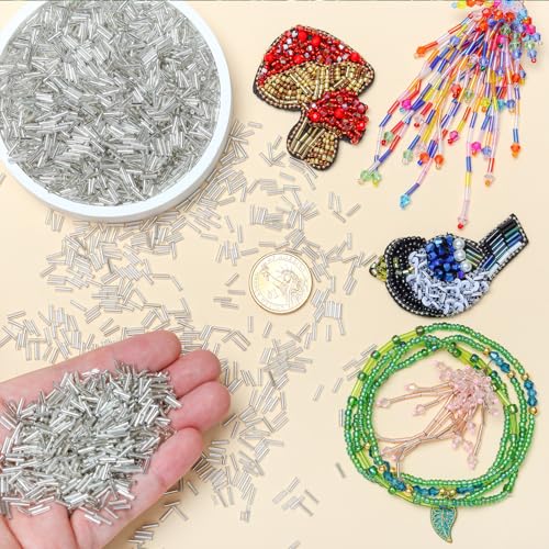 4200pcs Glass Bugle Beads, Mini Long Tube Seed Beads Bulk, Tiny Small Loose Spacer Embroidery Beaded for Bracelets Jewelry Making Sewing, Crafts, Christmas Ornaments, 2×6mm, Silver - color: Silver