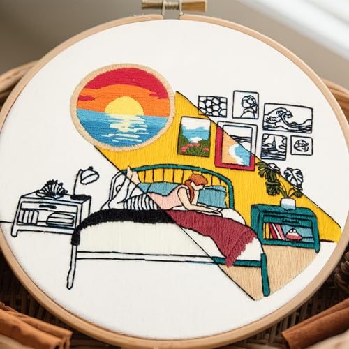 Embroidery Kits for Beginners Adults Sunrise Hand Embroidery Starter Kits, Cross Stitch Kits for Beginners DIY Craft Kits for Adults Women, Entire Set of Embroidery Supplies Full-length Video Tutorial - color: H2066