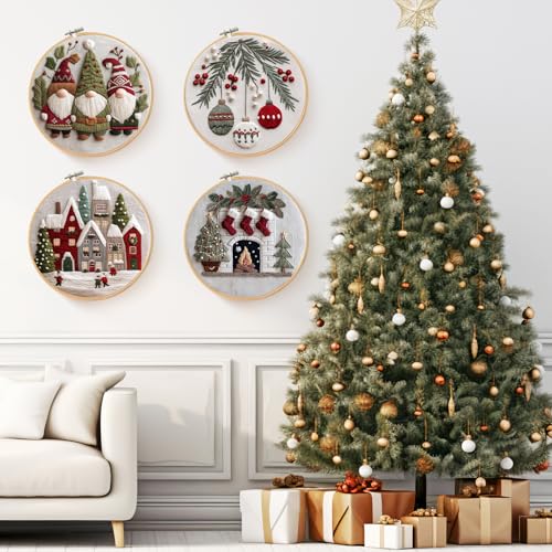 Santune Christmas Embroidery kit,Fall Needlepoint Cross Stitch Kits for Beginners Adult,Needle Point Sets,4 Embroidery,2 Hoops,Christmas Ornaments - color: Christmas x4
