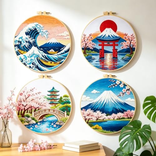 BEUNITONE 4 Pcs Embroidery Kit for Beginner, Ukiyo-e Style Landscape Wave Pattern Embroidery Materials, Cross Stitch Set with Cloth, Thread, Needle and Hoop Tools for Friendship Gift and Home Decor - style: C-Ukiyo Scenery