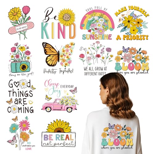 Inspirational Iron on Transfer - 12Pcs Positive Quotes DTF Transfers Ready to Press, Floral Butterfly Iron on Decals Patches, Heat Transfer Vinyl Stickers for T-Shirt Bag Pillow DIY Craft