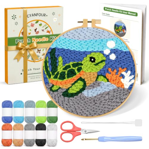 CYANFOUR Punch Needle Kit for Beginners, Sea Turtle Punch Needle Kits Adults, Craft Kits for Adults with 2 Pre-Printed Fabrics, Embroidery Hoop, Threads, DIY Gift and Home Decor 20 * 20cm - color: Sea Turtle