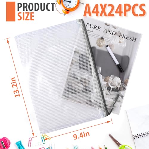 24 Pack A4 Mesh zipper pouch bags, Storage Bags, File Bags for Classroom Organization, Zipper Pouches of office supplies, Puzzles, Board Game Storage（Black） - color: Black, size: A4