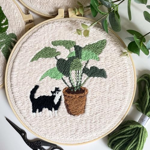 Myfelicity Punch Needle Kit for Adults, Beginners, Cat and Greenery Patterns, Includes Punching Needle Supplies - color: Cat