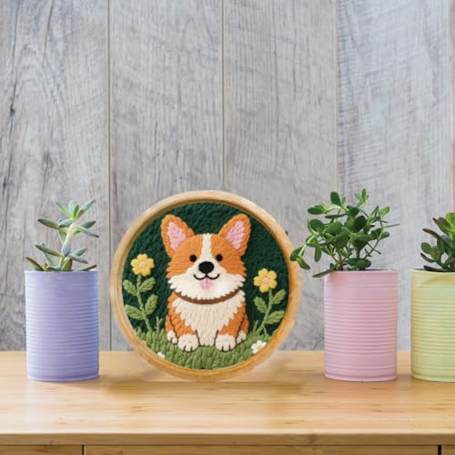 FREEBLOSS DIY Corgi Punch Needle Kit for Beginners Embroidery Punch Needle Starter Craft Set with Instructions Frame Embroidery Kit for Adults Gift Decoration 7.9''/20cm - color: Vibrant, varied colors