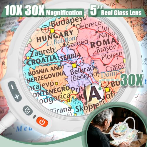 30X 10X Large Magnifying Glass with Light and Stand, 5-Inch Optical Grade HD Lens, 5 Color Modes Stepless Dimmable LED Desk Lamp, Hands Free Gooseneck Lighted Magnifier for Painting Close Work White - color: White