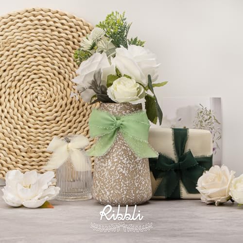 Ribbli Green Ribbon 1 Inch x 3 Rolls Total 24 Yards Ivory/Sage/Forest Green Handmade Fringe Chiffon Silk Ribbon for Wrapping Wedding Invitations Bridal Bouquets DIY Crafts Home Decor - color: Ivory/Sage/Forest Green
