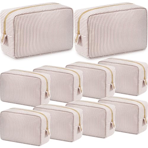Sanwuta 10 Pcs Seersucker Cosmetic Bag Seersucker Makeup Bag Women Stripe Large Travel Toiletry Organizer Preppy Storage Pouch for Embroidery Wedding Bridesmaid Bride Mom (Khaki) - color: Khaki