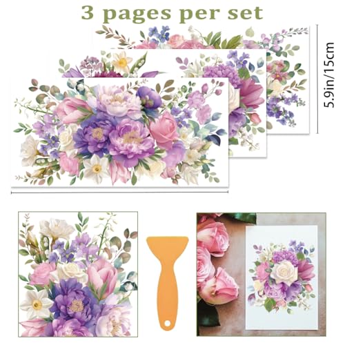 3 Sheets Vibrant Flowers Rub on Transfers for Crafts, 12×6in - style: Purple Flower Bouquet