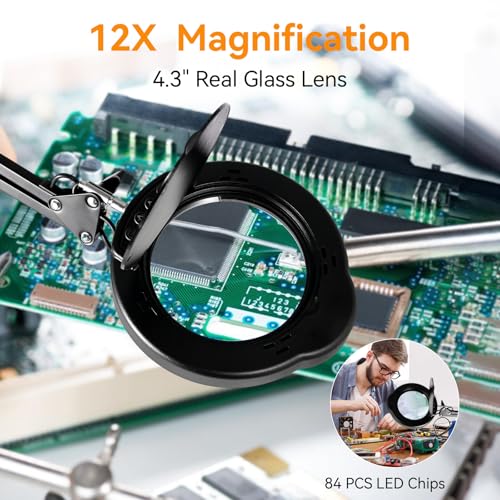 12XMagnifying Glass with Light and Stand|Magnifying Lamp with 3-Section Swing Arm,5 Color Modes LED Lighted Magnifier Lamp for Workbench (Black Ultra Long)