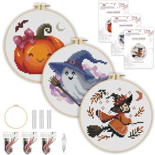 3 Pack Halloween Stamped Cross Stitch Kits for Beginners,with Hoop 6x6in - color: Witch Ghost Pumpkin